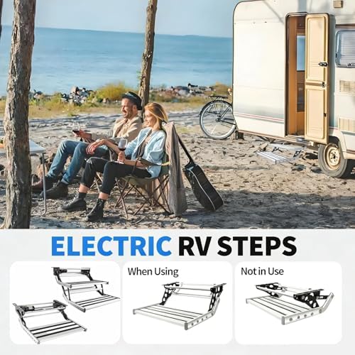 Motorized RV Entry Steps - 12V Foldable 80W Motorized Step with LED Light, 200KG Capacity, Wide Deck for Easy Access to Campers, Vans, Trailers - Double Layer Design