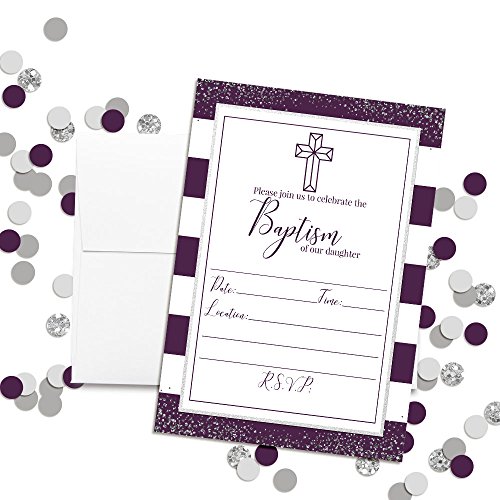 Invitaciones de bautismo para niña AmandaCreation, 20 tarjetas moradas y plateadas con sobres 2