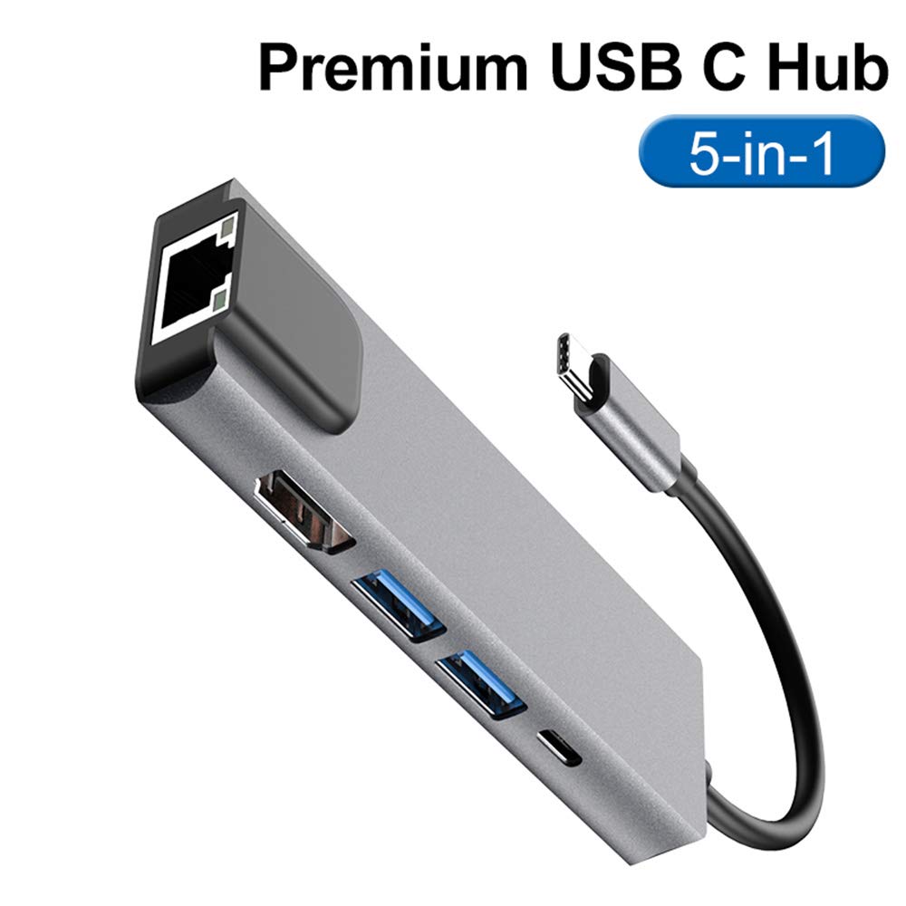 Tianle Hub USB C Ethernet, adaptateur multi-ports 5 en 1 avec port Gigabit Ethernet, HDMI 4K, charge USB C PD et 2 USB 3.0 compatible avec console Switch, MacBook, iPad, Surface, 5 en 1