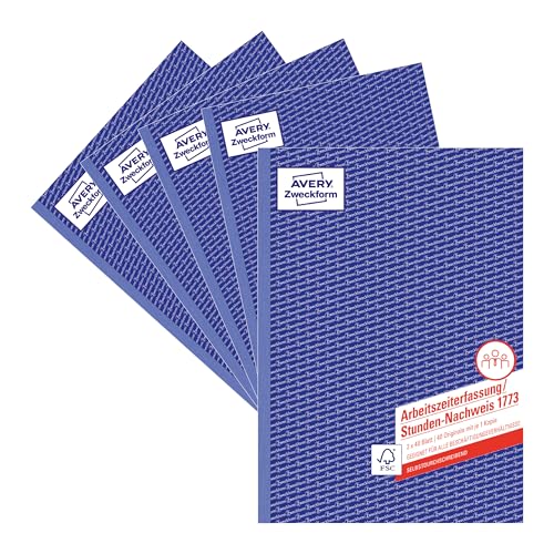AVERY Zweckform 1773-5 Stunden-Nachweis (A4, selbstdurchschreibend, von Rechtsexperten geprüft, für Deutschland u. Österreich zur lückenlosen Arbeitszeiterfassung, 2x40 Blatt) 5er Pack weiß/gelb