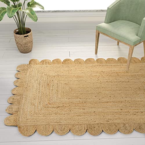 Gruhum Scalloped Jute Area Rugs 3'X5' Ft Natural Fibre Handwoven Boho Reversible Farmhouse Soft Braided Rug Indoor Outdoor Livingroom Bedroom Kitchen Hallways Enterways Rectangular Rug #TOP1