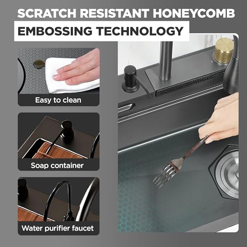 Image of 30 x 18 x 9 inches Waterfall Kitchen Sink with ANTI SCRATCH HONEYCOMB DESIGN Integrated Waterfall and Pull-down Faucet Set /304 Grade Stainless Steel Sink with Cup washer and Drain Baskets.
