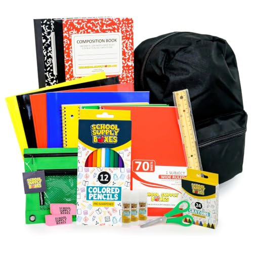School Supply Boxes | 17" Black Backpack Bundle for Elementary School | Back to School Bookbag with Supplies | Crayons, Colored Pencils, Ruler, Glue Sticks & More | Case (6 Backpacks)