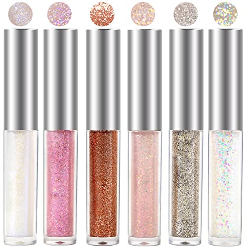 Erinde Liquid Glitter Eyeshadow Eyeliner – Shimmer Metallic Liquid Glitter Eye Shadow, Long Lasting, Easy to Apply, Quick Drying, Loose Glitter Glue for Korean Sparkle Tear Drop Makeup, 6PCS