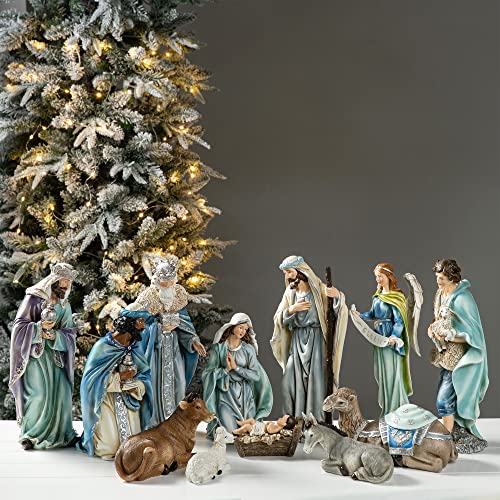Glitzhome 12Pcs Deluxe Blue Resin Nativity Figurines Set Christmas Ornaments Xmas Tabletop Scenes Figures Set Collectibles Countertop Statue Miniatures Decorative Crafts Accessories 15.5' x 45.00'