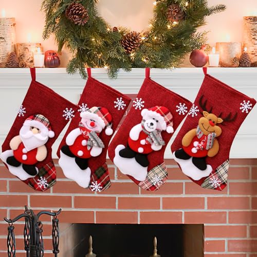 ACTOYS Juego de Calcetines Navideños, 4 Piezas Lino Calcetines Navideños de Papá Noel, Calcetines Navideños para Colgar y Rellenar, Decoración Navideña para Chimenea, Árbol de Navidad, Pared
