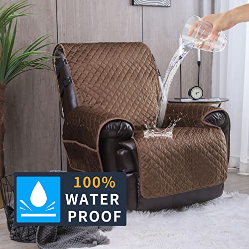 Velvet Recliner Covers Non Slip Waterproof Large Recliner Chair Covers for Leather Chairs Reversible Recliner Sofa Cover for Living Room Recliner Furniture Protectors Covers for Dog Pets Brown 23"