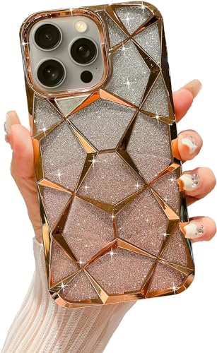 Image of VONZEE Compatible with iPhone 15 Pro Max Gradient Glitter Case, Luxury Electroplated 3D Cube, Diamond Bling Shiny Soft TPU Clear Shockproof Case Women Girls Protective Phone Cover (Gold)