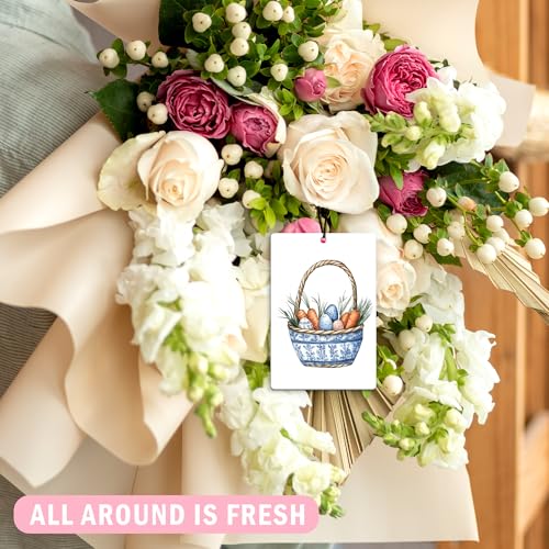 Image of Chinoiserie Christian Easter Car Air Freshener 4Pcs, Blue and White Chinoiserie Bunny Rabbit Egg Air Freshener for Car Interior Closet Drawer Books, Religious Easter Car Mirror Decor Hanging