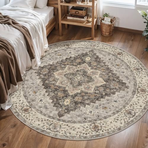 Image of Tangsoo Washable Round Rug 4ft, Vintage Non Slip Small Circle Rug Grey