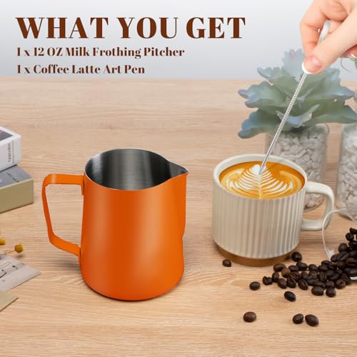 Image of Amrules Milk Frothing Pitcher 12oz Frother Cup Barista Tools, Orange