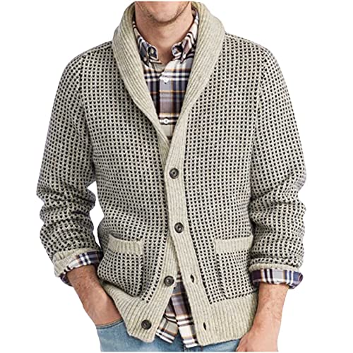 Fashion Men Cardigan Sweater Knit Shawl Collar Casual Print Cardigans Slim Fit Retro Long Sleeve Sweater with Pocket