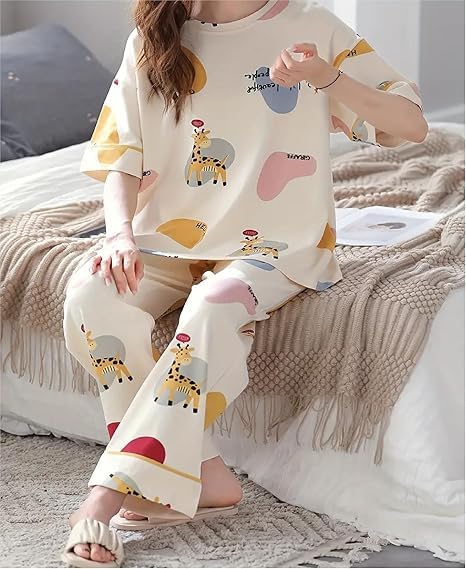 Image of Women's Pajama Set with Top & Pants|| Korean Night Wear|| Loose Fit Home Wear || Lightweight Printed Set || Soft & Comfy Girls & Women