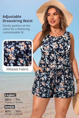 Image of Women Romper Swimsuit - One Piece Bathing Suit with Shorts with Pockets | Built-in brief, Modest, Boyleg, Padded bra, Drawstring, Full lining, Ribbed