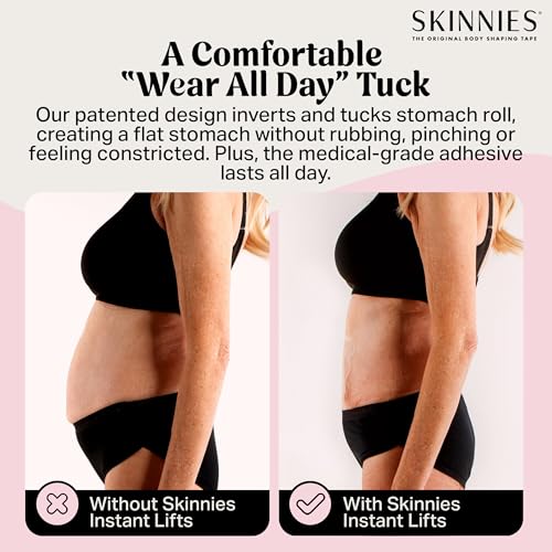 Skinnies Instant Lifts Tummy Tuck Tape - Patented & Made in USA - Slim Belly 3-4 Inches Instantly - Clear No-Pinch Adhesive Strips, Sweatproof and All-Day Wear Body Tape for Women - 5 Pack3