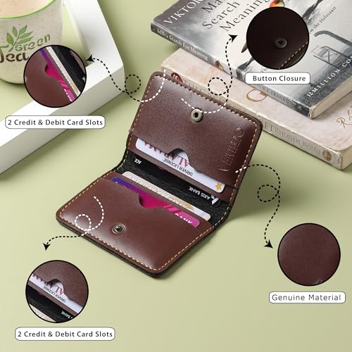 Image of VEMILIO Vegan Leather Card Holder Wallet for Men & Women | Slim Bi-Fold Design | RFID Protected | Button Closure | 3-4 Card Slots | Durable & Travel-Friendly (Brown)