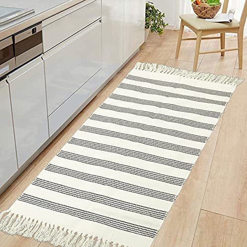 Boho Kitchen Runner Rug 2X4 Ft Leevan Farmhouse Black White Striped Bathroom Rug With Tassel Bohemian Hand Woven Geometric Floor Carpet Chic Printed Bedside Rugs For Living Room Bedroom #TOP1