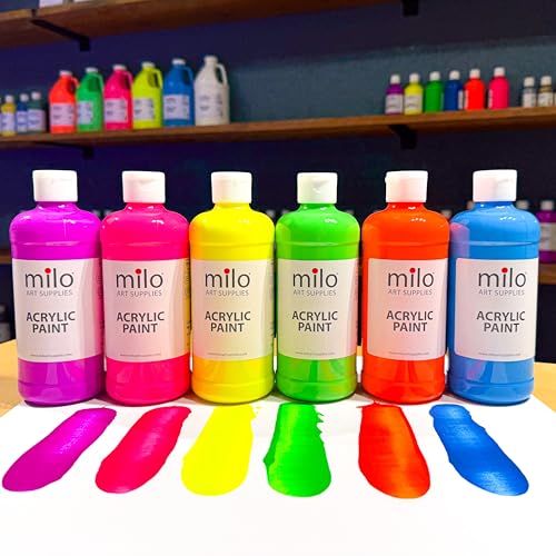 Image of milo Fluorescent Acrylic Paint Set, 6 Neon UV Colors, 16 oz Bottles | Glows in Black Light, AP Certified Non-Toxic, Made in USA, Arts & Crafts Paints for Artists, Student, Hobby Painters, Mixable