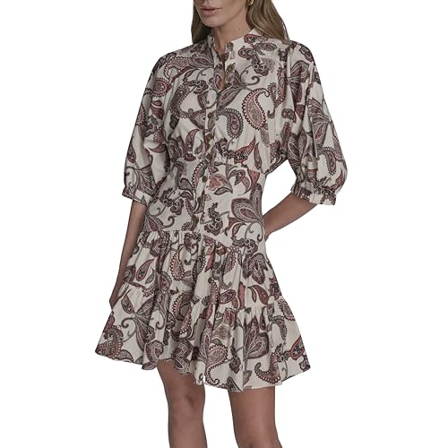 BCBG Women's Short Puff Sleeve Faux Collar Cotton Fit & Flare Mini Dress