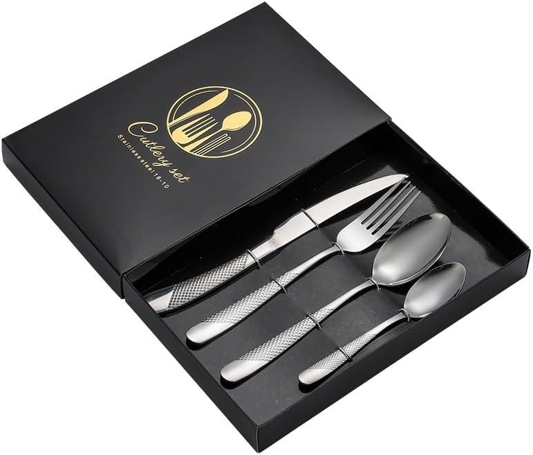 Silverware Flatware Set, 4/16/24/32/40/48 Piece Stainless Steel Cutlery Thickened Steak Knife, Fork, Spoon And Tea Spoon Cutlery Set(Silver,16 Piece set for 4)