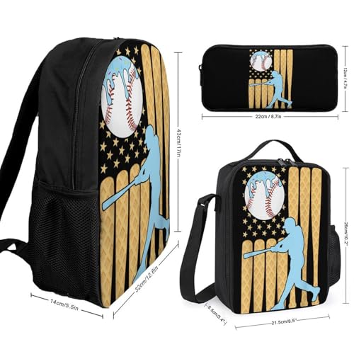 Baseball Drip Dripping Ice Cream American Flag Backpack Set 3 Pieces Backpacks Lunch Bag Wallet For Travel Outdoor Sports2