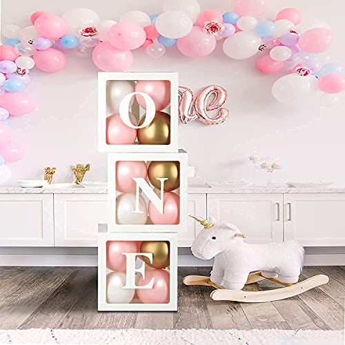 1st Birthday Balloon Box Decorations with 18 Balloons-Baby First Birthday Clear Cube Blocks Spell 'ONE' Letters for 1 Year Old Baby Shower, Birthday Party Supplies, Newborn Photo Shot Props
