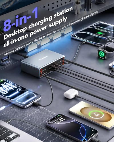 Image of 8-in-1 Charging Station for Multi Device,Fast Charger Retractable 65W Cable | 105W Retractable Charger,Retractable Charging Station for iPhone 17,Galaxy S26,Laptops,Tablet,Home Office,Desktop Accessories