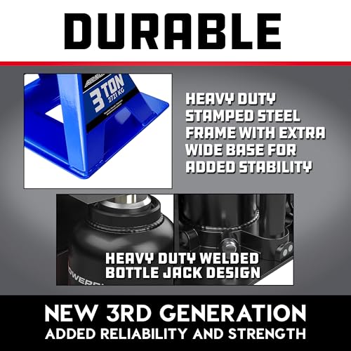 Image of POWERBUILT 3 Ton All-in-One Hydraulic Bottle Jack and Jackstand in One, Compact, Wide Base, 11-21 Inch Range, Eliminates Jackstands, for Trucks, SUVs, RVs, Trailers, ASME, Not for Sedans - 640912