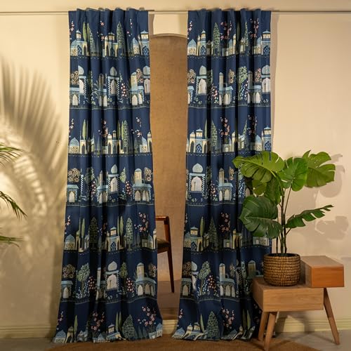 Image of Tranquebar Curtain Co. Window Curtains 5 Feet, 60-65% Room Darkening,Blue Mughal Print, Cotton Curtains for Window, Cotton Curtains 5 Feet Long Set of 2, BackTab Loops,Agra (152 cm) - Set of 2