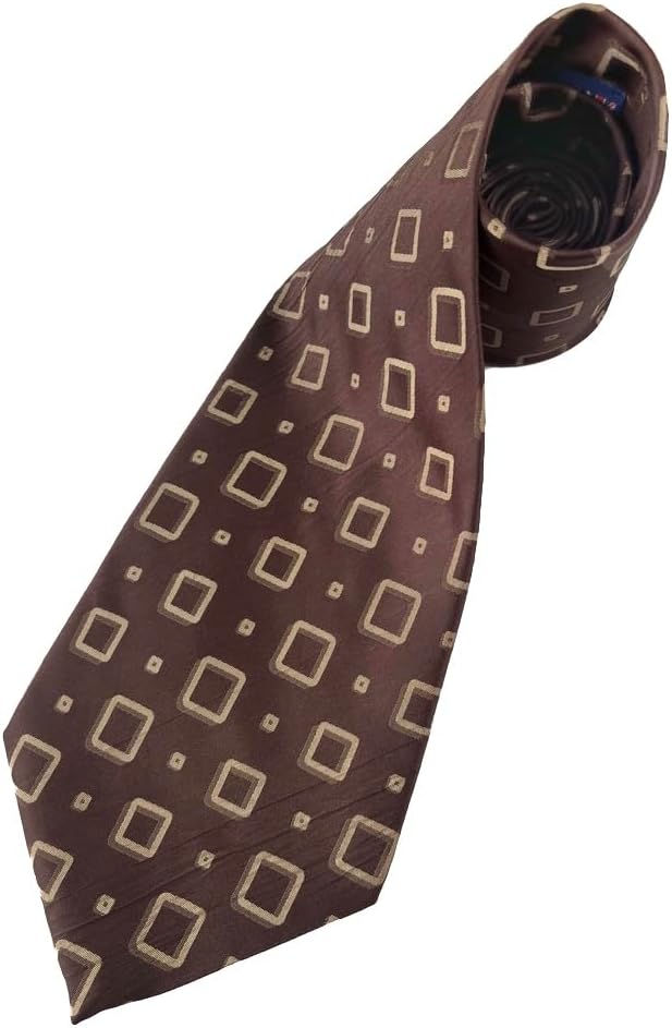 Men's Silk Extra Wide 5 Inch Kipper Neck Tie (Brown Retro Square Print)