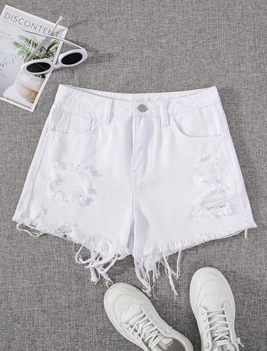 Image of oyyniis Jean Shorts for Teen Girls Ripped Raw Hem High Waist Straight Leg Cute Summer Y2K Denim Shorts 13Y-16Y