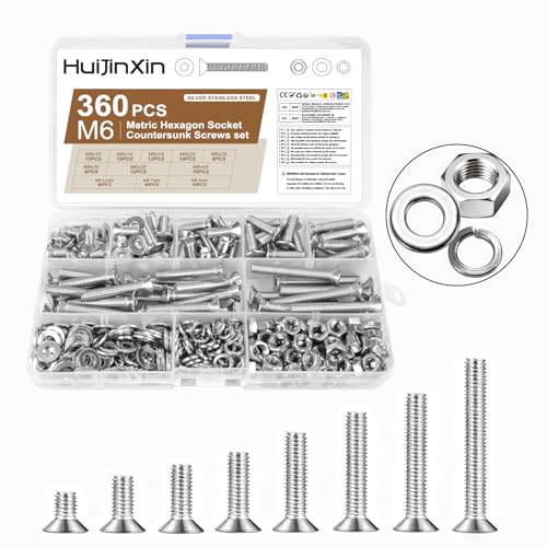 360 Stück M6 Schrauben Set Edelstahl Senkkopfschrauben Muttern Set Metrisch Flachkopfschrauben Innensechskant Schrauben mit Muttern Sets mit Unterlegscheiben Senkkopf Gewindeschrauben Sortiment