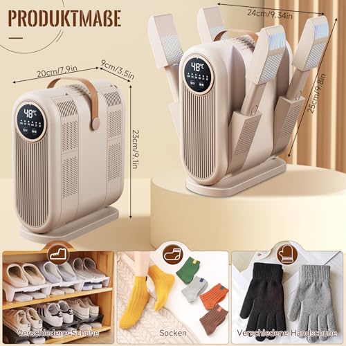 4 In 1 Schuhtrockner Elektrisch Antibakteriell, Shoe Dryer mit 1/3/6H Timer und 2 Windgeschwindigkeitseinstellungen, Tragbar Skischuhtrockner für Schuhe, Handschuhe, Hüte, Socken & Fußballschuhe