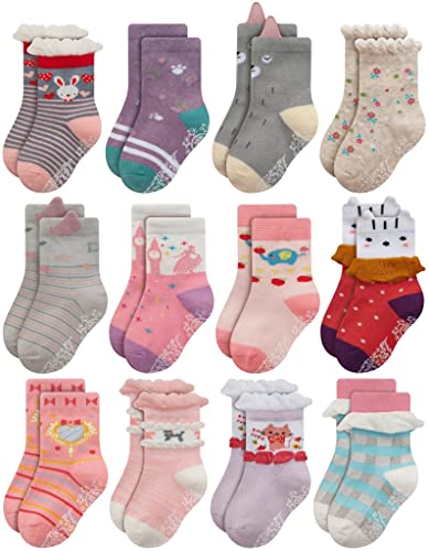 Image of RATIVE Non Skid Anti Slip Cotton Dress Crew Socks With Grips For Baby Infant Toddler Kids Girls