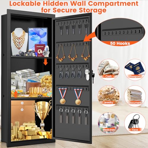 Image of 31.5 inch Tall Wall Safes Between the Studs with 2 Removable Shelf, Lockable Hidden Safe Box with 50 Hooks for Keys Jewellery, in Wall Safe for Money Medicines Valuables