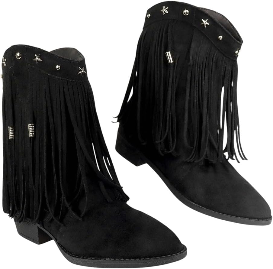 Women Fringe Cowboy Cowgirl Boots Pull On Western Mid Calf Fashion Booties Boots