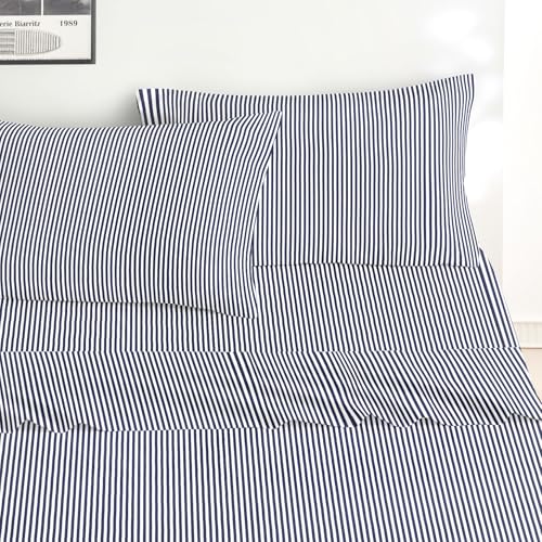 Image of Wake In Cloud - Striped Bed Sheets, 4-Piece Sheet Set, Ticking Vertical Pin Stripe Modern Farmhouse Pattern Printed Bedding, Deep Pocket, Navy Blue White, Queen Size