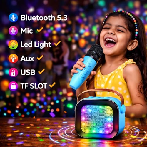 Image of Rechargeable Karaoke Mic with Speaker for Kids | Wireless Mini Portable Bluetooth Speaker, Microphone & LED Lights, Birthday Gift, Multicolor