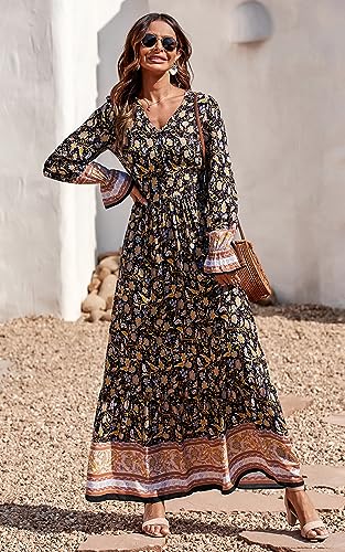 Prettygarden Long Dress Long Sleeve - Floral Button V Neck Casual Spring Boho Maxi Dresses (Black Yellow,X-Large) #TOP4