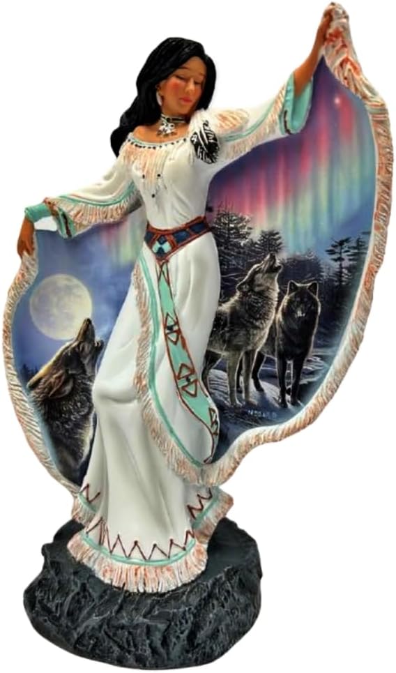 The Bradford Exchange Maidens of The Light Sculpture Collection #5: 'Night Music' Illuminated Sculpture Hand-Painted Indigenous-Inspired Figurine with Wolf Art by James Meger 8-inches