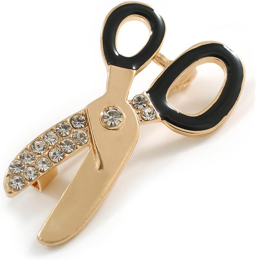 Gold Tone Crystal Enamel Scissors Brooch - 40mm Across