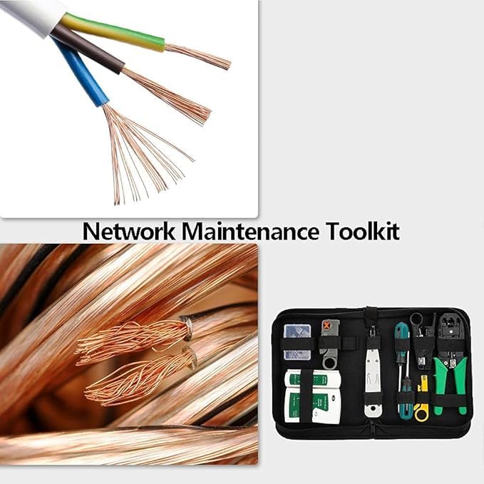 SQUADO Set di Attrezzi per Riparazione di Rete Professionale, Tester per Cavi di Rete, Cavi Patch, Tester per Computer, RJ11 RJ45, Borsa Porta Attrezzi Nera