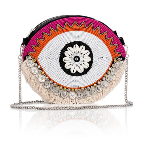 Image of Maresse Handcrafted Evil Eye Beaded Crossbody Boho Purse - Bohemian Tassel Bag for Women with Chain - Unique Style Shoulder Handbag - Trendy Festival Fashion Accessories & Chic Essentials