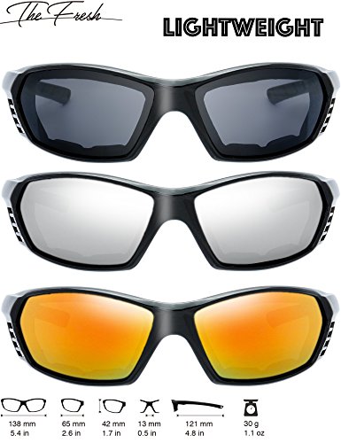 The Fresh 3 Pairs Motorcycle Riding Glasses Padded Frame Lens Block 100% Uvb For Outdoor Activity Sport (11-Shiny Black, Grey, Silver Mirror, & Red Mirror) #TOP1