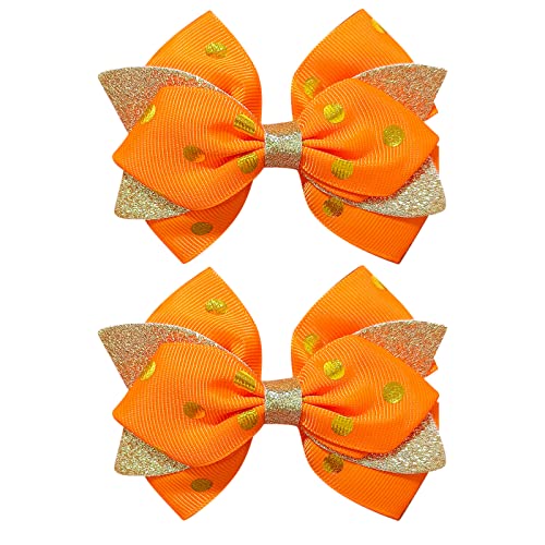 Polka Dot Hair Bow 4" Girls Cute Boutique Grosgrain Ribbon Alligator Barrettes Clips Kid Toddler Teen Baby Girl Glitter Xmas Fall Thanksgiving Holiday Decor Accessories Gift Orange Gold #TOP23