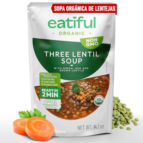 EATIFUL Sopa de Lentejas, Elaborada con Verduras Orgánicas, Sopa con Lentejas Verdes, Rojas y Marrones, Sin Conservantes ni Azúcares Añadidos, Sin Gluten, NO GMO, 400g (Paquete de 1)