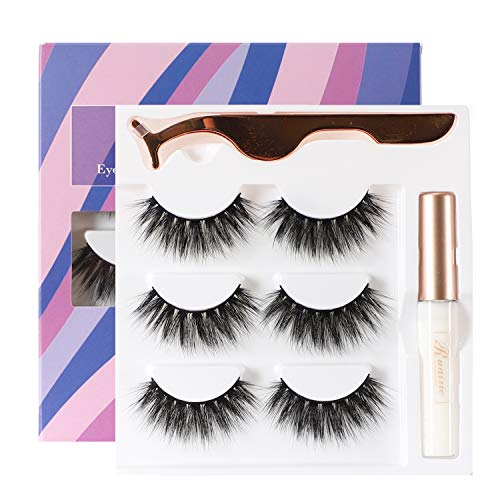 False Eyelashes With Glue, 3Pairs False Lashes Handmade 3D Fake Eyelashes With Glue