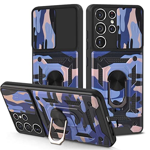 Coque camouflage iPhone 12 Pro Max bleue avec bague et cache objectif