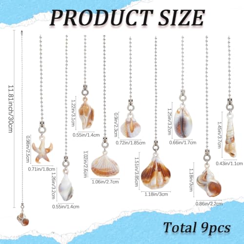Image of CRASPIRE 9Pcs Sea Shell Ceiling Fan Pull Chain 9 Style Acrylic Summer Ocean Beach Seashell Marine Hanging Boho Pendant Charm Ball Chain Dangler Extension Ornament for Ceiling Fan Light Lamp Decor