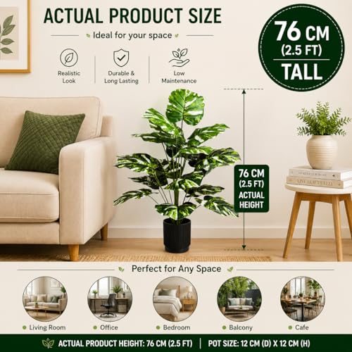 Image of Cocco.BUA Artificial Plant with Black Pot, 18 Leaves, 76 CM (2.5 Feet) (Philodendron Plant)